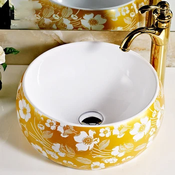 Amerikan Antika Seramik banyo lavaboları Yuvarlak Altın Havzası Ev Banyo Havai Lavabo Yaratıcı Balkon Renkli Altın Lavabo