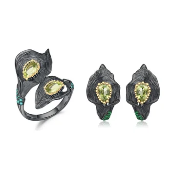 hakiki Lüks marka gerçek jewels tasarımcının Prim Doğal Olivin Takı Seti Çiçek Tasarım 925 Gümüş Yüzük Küpe yüksek elemeleri