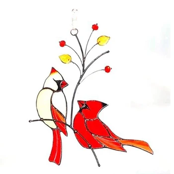 Bir Çift Kırmızı Kuş Vitray Dekorasyon ev pencere dekorasyonu Süsler (Kırmızı bir ağaçta iki Kuş)