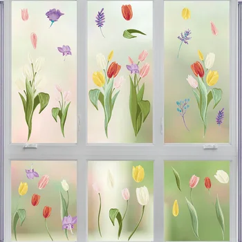 4 Yaprak Lale Çiçekler Statik Pencere Çıkartmaları Dıy Duvar Kağıdı Duvar Sticker Çıkartmaları Festivali Ev Dekor El Sanatları