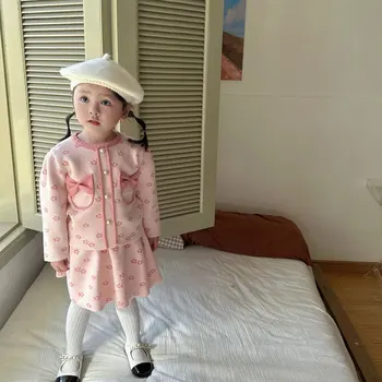 4620D çocuk Giyim seti Kız Takım Elbise 2023 Bahar Yeni Kız Pembe Kazak + Etek Bebek Kız İki parçalı Takım Elbise Prenses Seti
