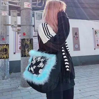 Mavi Kürk çanta kadın jumbo kapasiteli tote çanta siyah Omuz Messenger koyun kürk çanta 2022 kış yeni tasarımcı