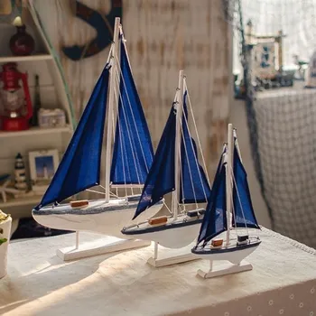 Mavi ahşap Saling gemi modeli Akdeniz tekne süsler ev deniz dekor el Sanatları