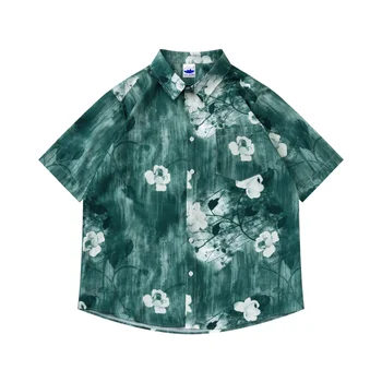 Gömlek erkek 2023 Yeni Kısa Kollu Polo Vintage Çiçek Yağlıboya Parçalı Bluz Gömlek Camisas Y Blusas Erkek Giyim Рубазка