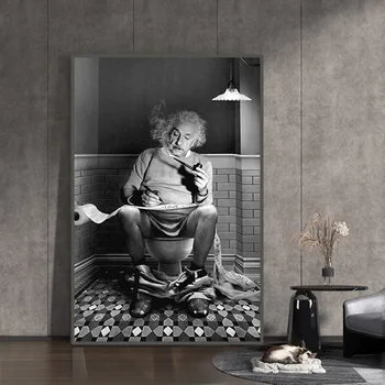 Einstein Oturan Tuvalet Okuma Gazete Posteri Siyah Beyaz Fotoğraf Tuval Boyama Duvar Sanatı Resimleri Oturma Odası Dekor