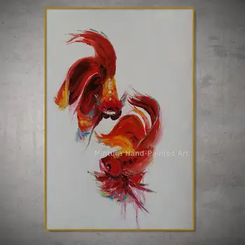 Mintura, Yapıt Handpainted Özgürlük Iki Kırmızı Goldfish Modern Yağlıboya Tuval, Duvar Sanatı Için, resim Yatak Odası Salonu Ev Dekor