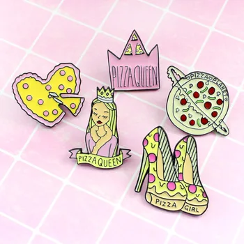Karikatür yüksek topuklu Emaye Broş pizza kraliçesi kalp taç Broş elbise Yaka Pin Rozeti gıda takı hediye
