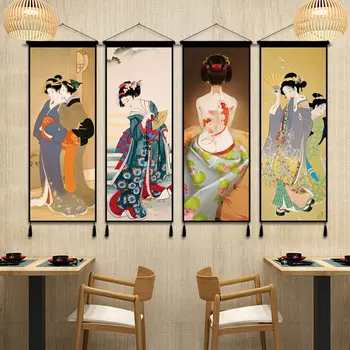 Japon Ukiyoe Hizmetçi Resim duvar sanatı tuval Posterler ve Baskılar Dekorasyon Boyama katı ahşap Asılı Kaydırma Ev Dekor