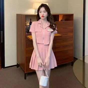 Pilili A-line Yüksek Bel Mini Etek Kısa Kollu Fermuar Üstleri İki Parçalı Set Kore Kadın Tiki Yaz Öğrencileri Takım Elbise