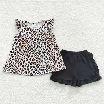 GSSO031wholesale sıcak satış tasarım stil yaz Kız Leopar Baskı Uçan Kollu Siyah şort takımı için bebek Çocuk Kız giyim seti