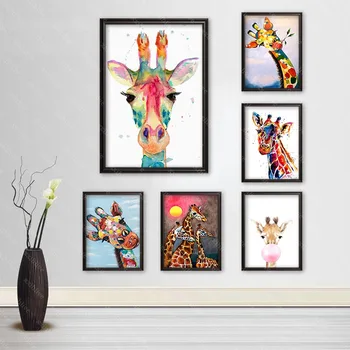 Renkli Boyama Hayvan Zürafa Kumaş İpek Tuval HD Posteri Ev Ve Yatak Odası dekorasyon için duvar boyaması Posteri Özel Baskı Daha Fazla Boyut