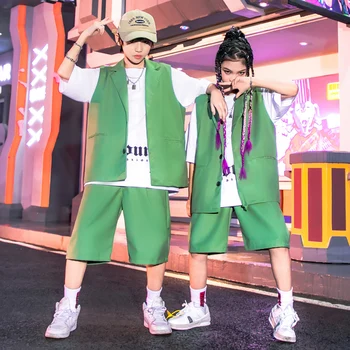 Çocuklar Gösteren Kıyafet Hip Hop Giyim Yeşil Kolsuz Blazer Ceket Baggy Şort Kız Erkek Caz dans kostümü Genç Giysileri