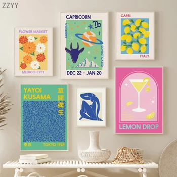 Astroloji Zodyak Duvar Baskılar Soyut Matisse Çiçek Tuval Boyama Modern Sanat Posterleri Kokteyl Bar Limon Martini Resim Dekor