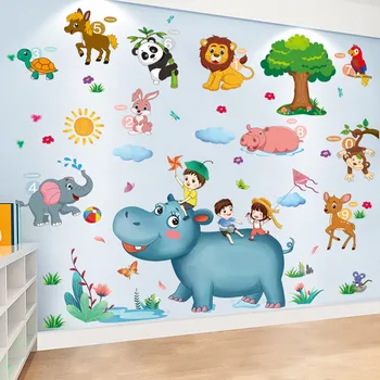 DIY Karikatür Hayvanlar Duvar Sticker Fil Aslan Gergedan Geyik Duvar Çıkartmaları Çocuk Odası için Bebek Kreş Odası Dekor Bebek Odası Dekor PVC