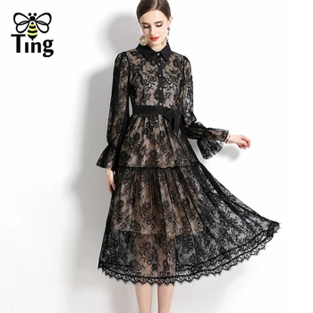Tingfly Tasarımcı Moda Yaz Şık Siyah Renk Dantel Bir Çizgi Midi Uzun Elbiseler Vintage Zarif Düğme Dekor Elbise Mujer Zaful