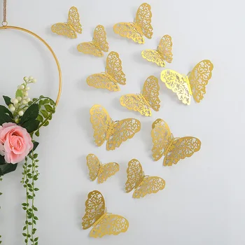 12 Adet / takım İçi Boş 3D Kelebek Duvar Çıkartmaları Düğün Dekorasyon Ev Dekorasyon Aksesuarları Altın ve Gümüş Kelebek Sticker
