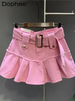2023 İlkbahar Yaz Yeni Pembe Tatlı Pilili Kot Etek Kadınlar için Kadın Tiki Tarzı Yüksek Bel Kalça A-Line Mini Etek Faldas
