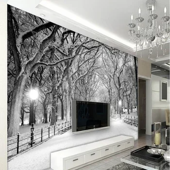 beibehang 3d duvar kağıdı özel duvar dokunmamış duvar sticker Siyah ve beyaz ahşap yol kar TV ayarı duvar tablosu fotoğraf 3d