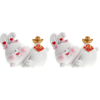 2 ADET Mini Tavşanlar Bunny Zodyak Şekil Tavşan Cupcake Topper Reçine El Sanatları Heykeli Masası Süslemeleri Süs