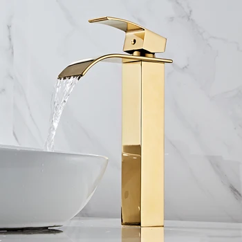 Banyo Şelale Havzası lavabo musluğu Altın Musluk Pirinç banyo musluğu Sıcak ve Soğuk Su Mikser Vanity Dokunun Güverte Üstü Lavabo musluk