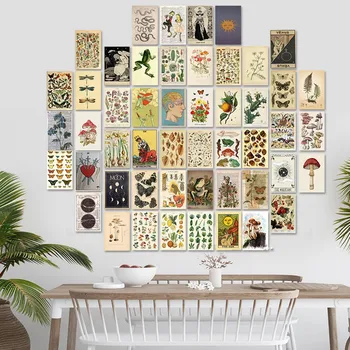 50 Adet Vintage Botanik Tarot Estetik Duvar Kolaj Kiti Flora ve Fauna Böcekler Çizim Sanat Posterleri Kartı Odası Dekor