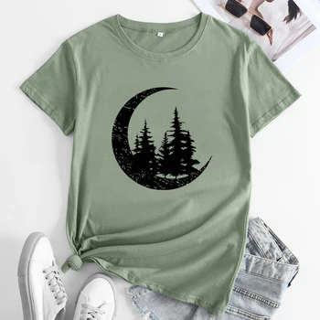 Sıkıntılı Orman Ay T-shirt Estetik Kadın Macera Açık Tişörtleri Moda Unsiex Grafik Kamp Doğa Tee Gömlek Üst