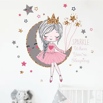 Prenses Ay Duvar Sticker Kız Odası yatak odası dekoru Duvar Kağıdı Oturma Odası Ev Dekorasyon için Güzel Karikatürler Çıkartmalar