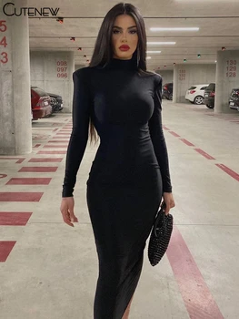 Cutenew kadın Siyah Midi Elbise Moda Katı İnce Yüksek Boyun Uzun kollu Elbiseler Kadın Vestidos Streetwear 2023 Bahar Yeni