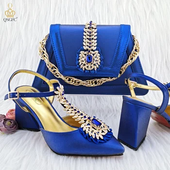 QSGFC Kraliyet Mavi Asil Üç Boyutlu Çanta Zarif Yüksek Topuklu Ayakkabılar İtalyan Popüler Tasarım Afrika Bayan Ayakkabı çanta seti