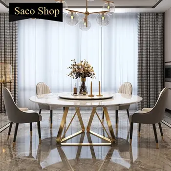 Muhteşem Altın yemek masası Pikap Eğlence Yuvarlak Mermer Mutfak Masası Ve Sandalye Villa Muebles İtalyan Mobilya
