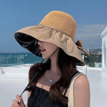 Yaz Siyah Kauçuk İlmek güneş şapkası kadın UV geçirmez Büyük Ağız Güneşlik Güneş Örme İçi Boş Güneş Koruyucu Şapka Plaj Banyo Şapkaları