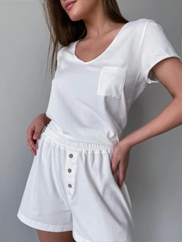 100 % Pamuk Şort Pijama 2 Adet SetsWomen Gecelik V Yaka T Shirt ＆ Şort Kadın Kıyafetleri Kız Pijama İç Çamaşırı