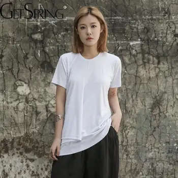 GetSpring Kadın T Shirt Basit Kısa Kollu beyaz tişört Tüm Maç Moda Düzensiz Tee Gömlek Yaz Kadın Üst Tişörtleri 2023