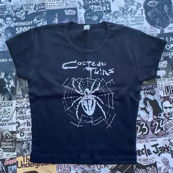 Gotik Örümcek Web Baskı Streetwear Vintage Harajuku Punk Grunge Kırpma Üst Rahat kadın T-Shirt E-kız Bebek Tee İnce Y2k Giysileri