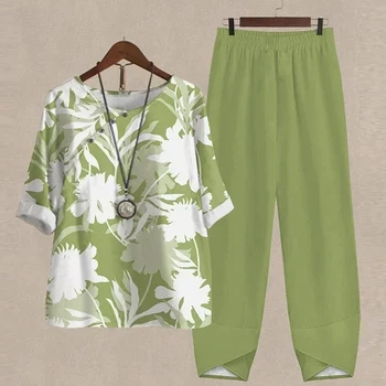 Yaz İki Parçalı Setleri Bayan Kıyafetleri O Boyun Çiçek Baskı Gevşek Kısa Kollu Gömlek Yüksek Bel Pantolon Takım Elbise 2023