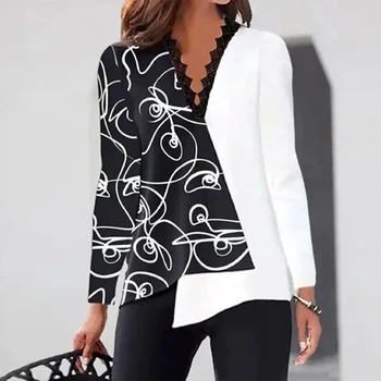 Artı Boyutu Normal Kadın Patchwork V Boyun Gömlek Tunik Üstleri Bayanlar Uzun Kollu Casual Gevşek Bluz S-3XL Giyim Ücretsiz Kargo