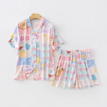 Ayı Baskı Pijama Damen 2023 kadın Yaz Pembe Pamuklu Pijama Sevimli Küçük Ayı Kısa Kollu Şort İki Parçalı Pijama Takım Elbise