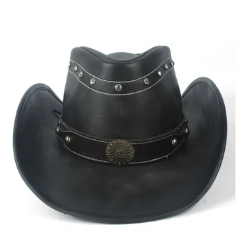 100 % Deri Erkek Kadın Siyah Batı kovboy şapkası Geniş şapka Açık Sombrero Hombre Cowgirl Şapka