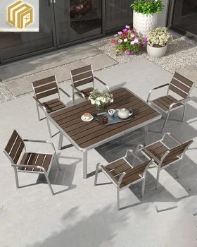 Açık masa ve sandalyeler kombinasyonu Plastik ahşap açık eğlence masa ve sandalyeler Açık bahçe Güneş odası Teras avlu