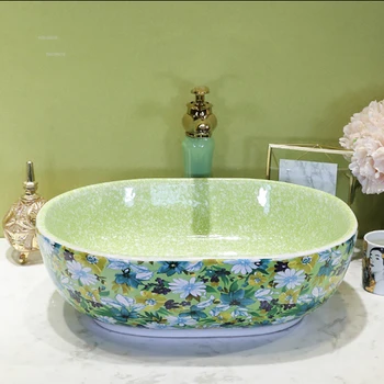 Lüks Seramik banyo lavaboları ev tezgah lavabosu yıkama lavabosu Yaratıcı Oval Yeşil Mutfak Lavabo Ev Banyo Lavaboları