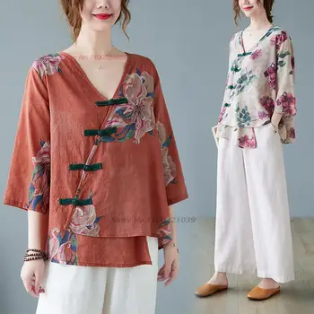 2023 çin vintage hanfu üstleri ulusal çiçek baskı pamuk keten bluz oryantal çay servisi v yaka bluz retro zen gömlek