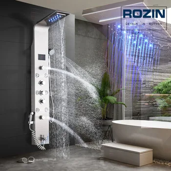 Fırçalanmış Nikel Duş Paneli Duvara monte led ışık Yağmur Şelale Duş Başlığı Banyo Duş Seti Bide Püskürtücü ile masaj jetleri