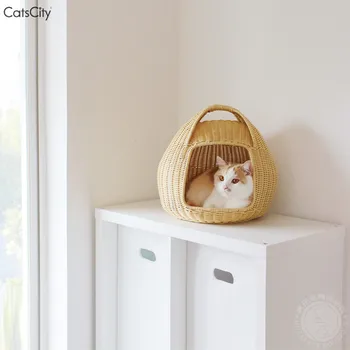 Tasarım el yapımı rattan sıcak kedi yuva kedi yatak sonbahar ve kış dört mevsim evrensel nefes kedi sepeti.