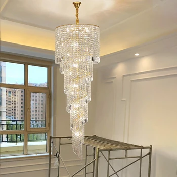 lüks merdiven avize aydınlatma altın ev dekor kristal lamba spiral tasarım koridor lobi uzun süspansiyon aydınlatma armatürü