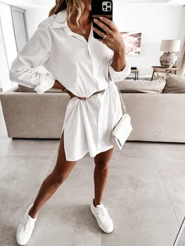 LFRVZ 2022 Sonbahar Beyaz Tatlı Şifon Ofis Bayan Açık Dikiş Gömlek Elbise Casual Tam Kollu Kadın Düz Kısa Elbise