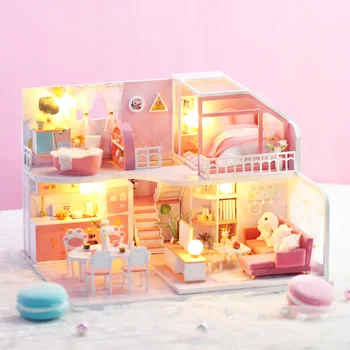 DIY Dollhouse Ahşap Bebek Evleri Minyatür Bebek Evi Mobilya Kiti Led Oyuncaklar Çocuklar için doğum günü hediyesi