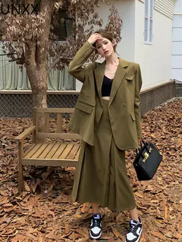 UNXX Seti Kadınlar Yeni Mizaç Gevşek Banliyö Takım Elbise Ceket + Yüksek belli Yarım uzunlukta Etek İki parçalı Kadın Sonbahar Kore Moda