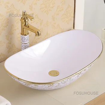 Yaratıcı Avrupa Tarzı Masa Havzası Seramik Ev banyo lavaboları Kare Yuvarlak Altın Yıkama Lavaboları Lüks Banyo Lavabo