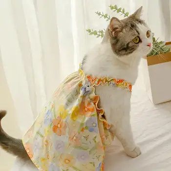 Yaz Köpek Elbise Yağlıboya Çiçek Baskı Fırfır Strappy İnce Kolsuz Küçük Orta Köpek Tee Elbise