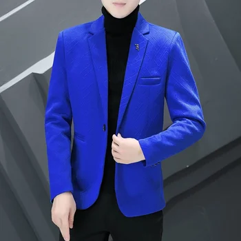 Erkek Ceket Bahar Sonbahar Rahat Tek Takım Elbise Katı Ceket Yüksek Kaliteli Kore İnce Mavi Kabartmalı Elbise Blazers Erkek Giysileri Beyaz